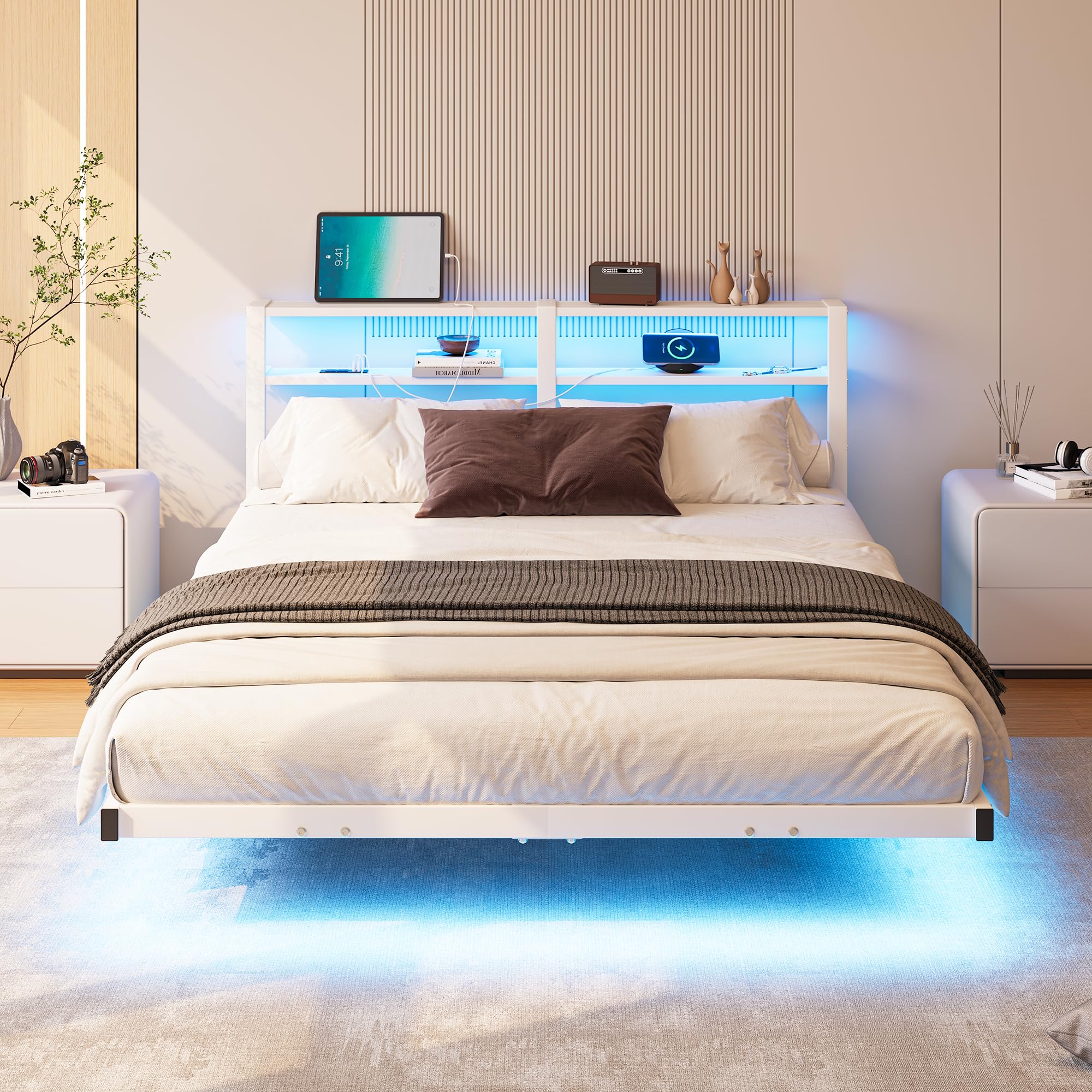 HAHRIR 5ft Floating Double Bed Frame with LED Lights & USB Charging,Black
