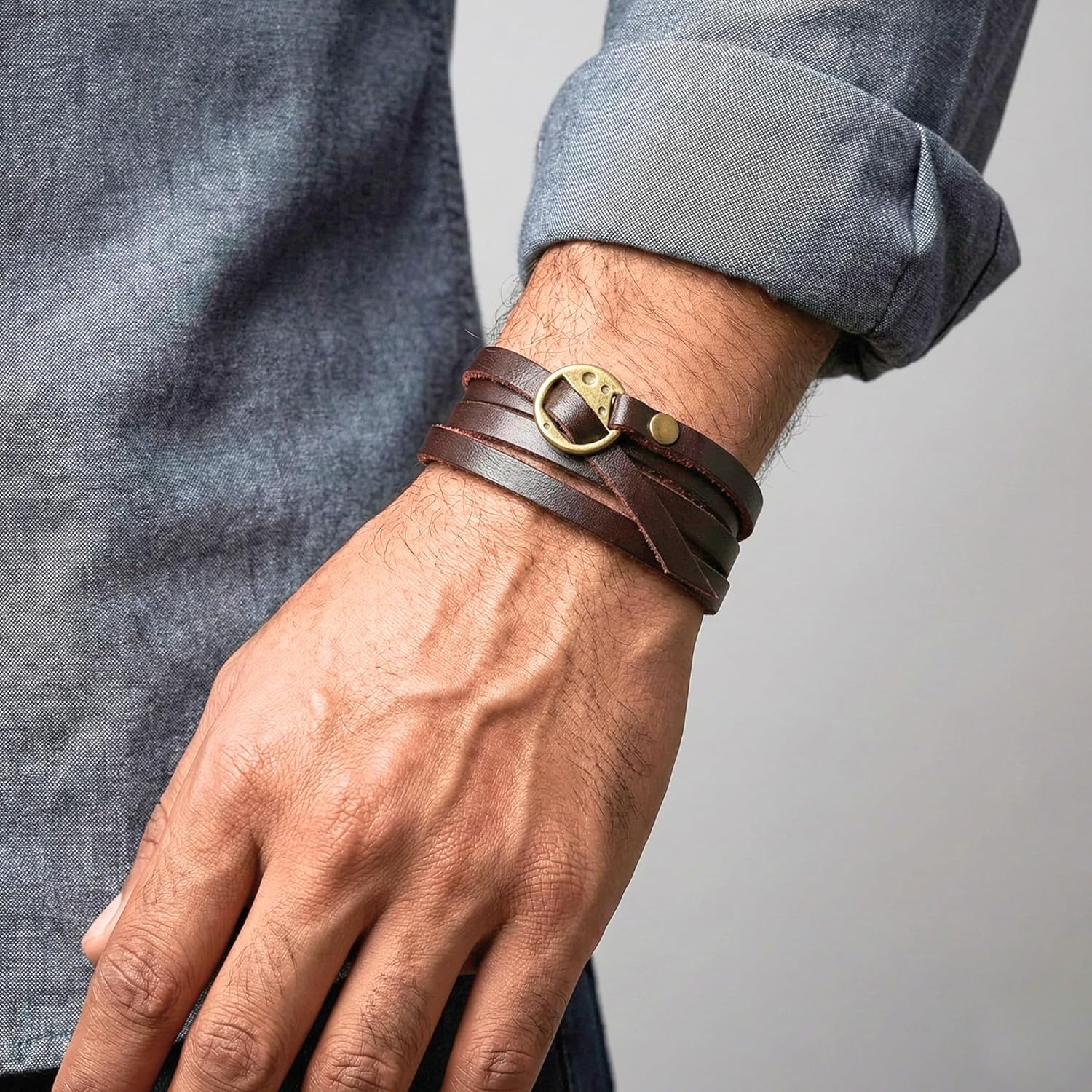 THE MEN THING FRONTIER WRAP DARK BROWN – Genuine Braided Leather Bracelet Set for Men & Boys (8 inch)