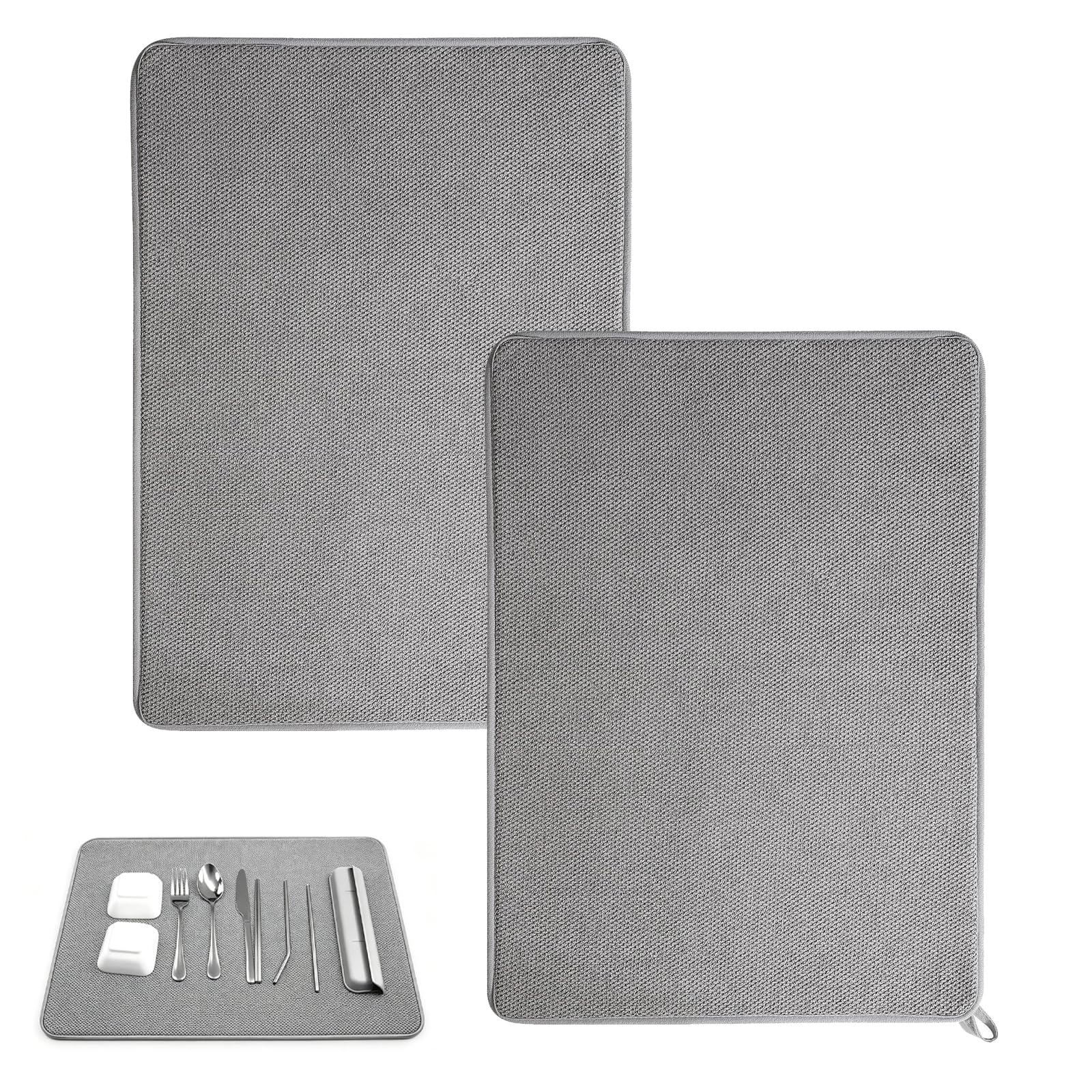 Lyyixbix Grey 2 Pcs Dish Drying Mat Microfibre Quick Draining Board Pad Mats, Microfibre Dish Drying Mat Highly Absorbent Plate Kitchen Counter Washable Drainer For Countertop Tabletop Cutlery Glassware