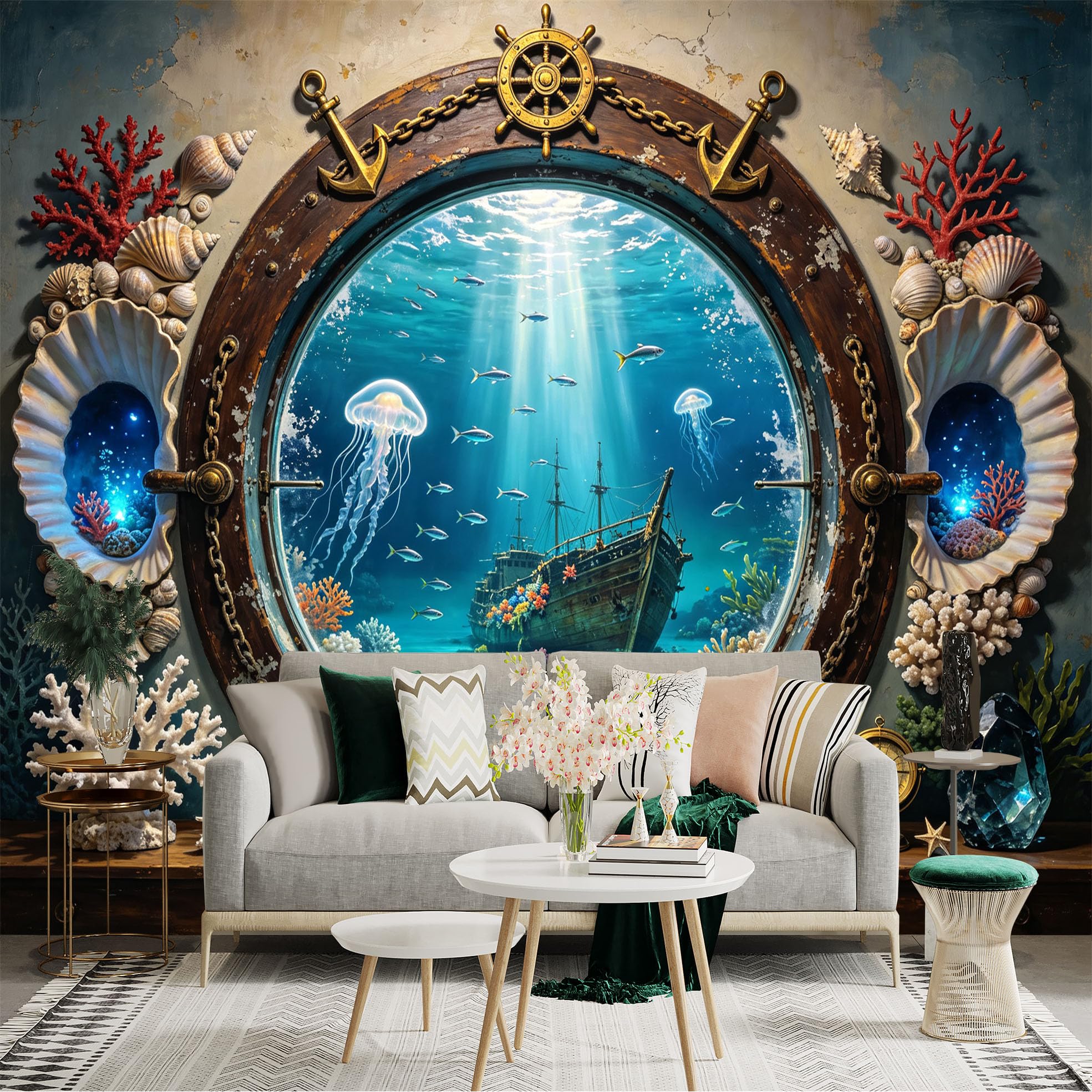 Custom Size Wall Sticker Mural， Underwater Shipwreck Ocean View， Coral Reef and Jellyfish， Nautical Porthole Art， for wall Decoration， peelandstick wall Decals.