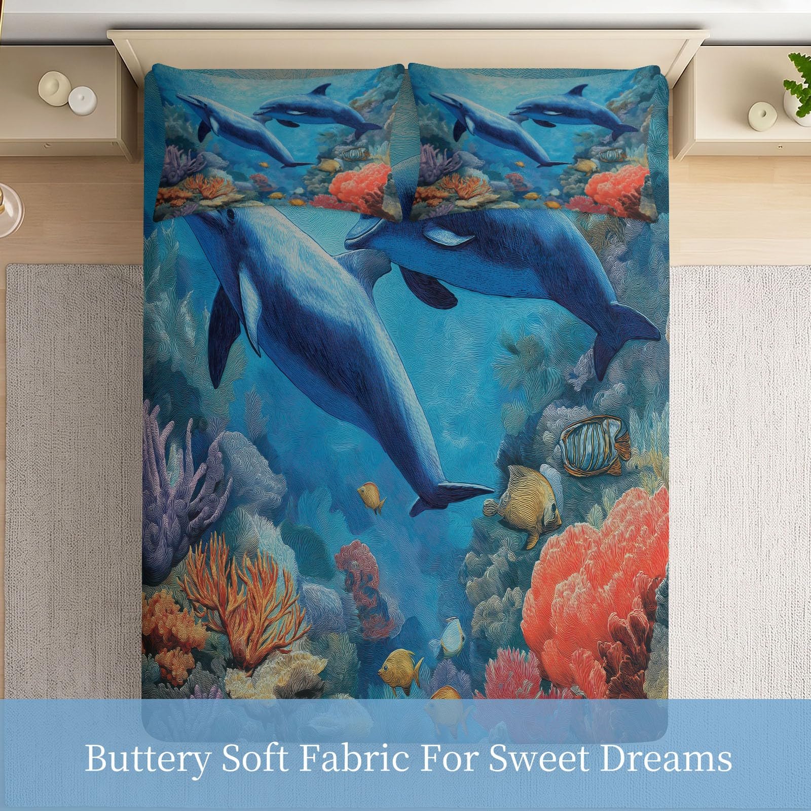 Juego de sábanas bajeras ajustables de 3 piezas, 90 x 200 cm, diseño de arrecife de delfín, peces tropicales, de microfibra, animales marinos, suave y agradable al tacto, transpirable, colchones de
