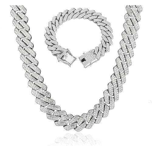 UILZ 2Pcs Cuban Link Bracelet Set for Men Iced Out Miami Cuban Necklace and Bracelet Hip Hop Full CZ Clasp Chain Gift for Him