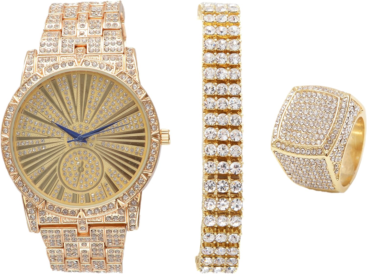 Charles Raymond Bling-ed Out 3 or 2 Row Tennis Men's or Miami Cuban Bracelet - Your Choice!! with Hip Hop Roman Numeral Dial Watch and Bling Ring - L0503