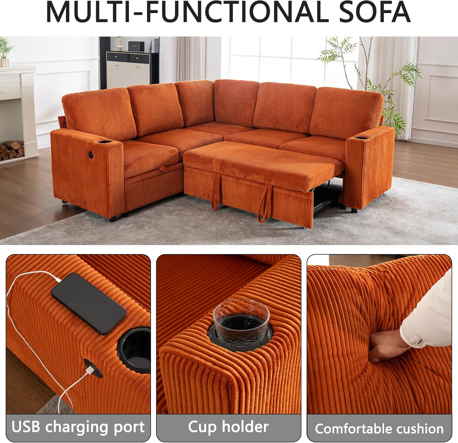Eafurn 84" Sectional Sleeper Sofa with Pull Out Bed, L-Shaped Modular Corner Sofa with Hidden Storage, Cup Holders & USB Ports, Comfy Corduroy Fabric Convertible Couch for Living Room, Apartment | Breathable material, Side Pockets