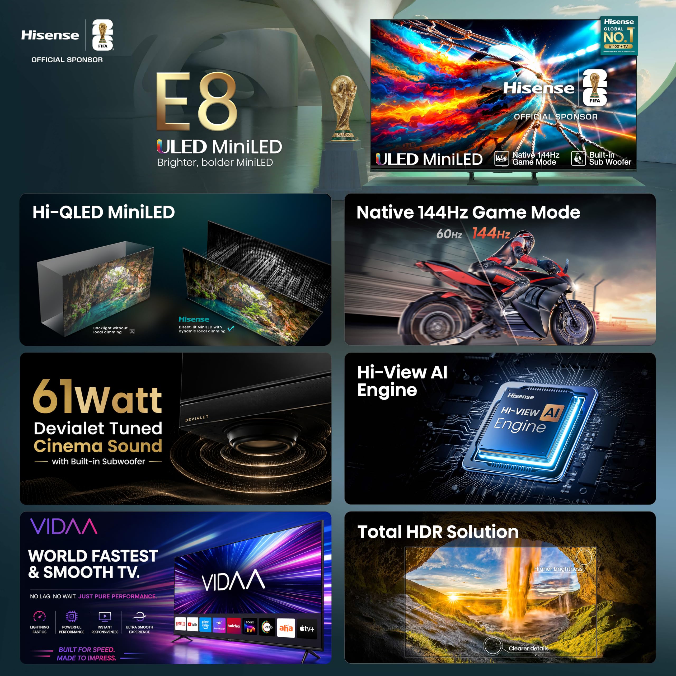 Hisense 55 Inch 55E8S Hi-QLED MiniLED Smart TV | 144Hz Game Mode | Devialet Sound and AI Picture | Dolby Vision IQ | Hands-Free Voice — Amazon image 2