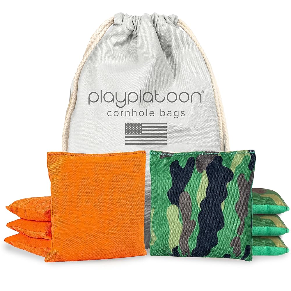 Play Platoon Weather Resistant Cornhole Bean Bags Set of 8 - Regulation Size & Weight - 4 Green Camo & 4 Orange
