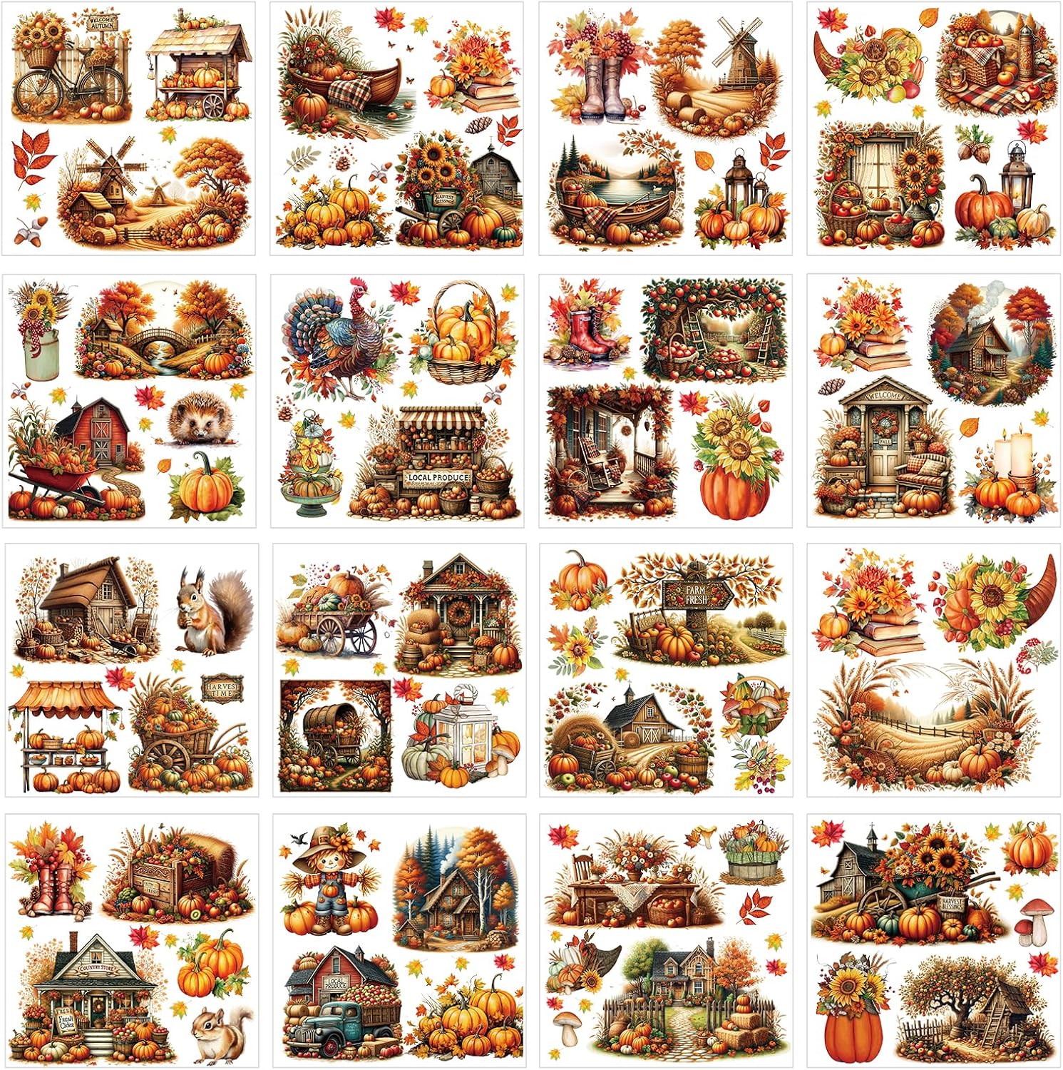 Autumn Rub on Transfers for Crafts - 16 Sheets Fall Vintage Farm Transfer Rub on Crafts Decoration, Cute Squirrel Pumpkin Transfer Stickers Decals DIY Wooden Furniture Holiday Decorations