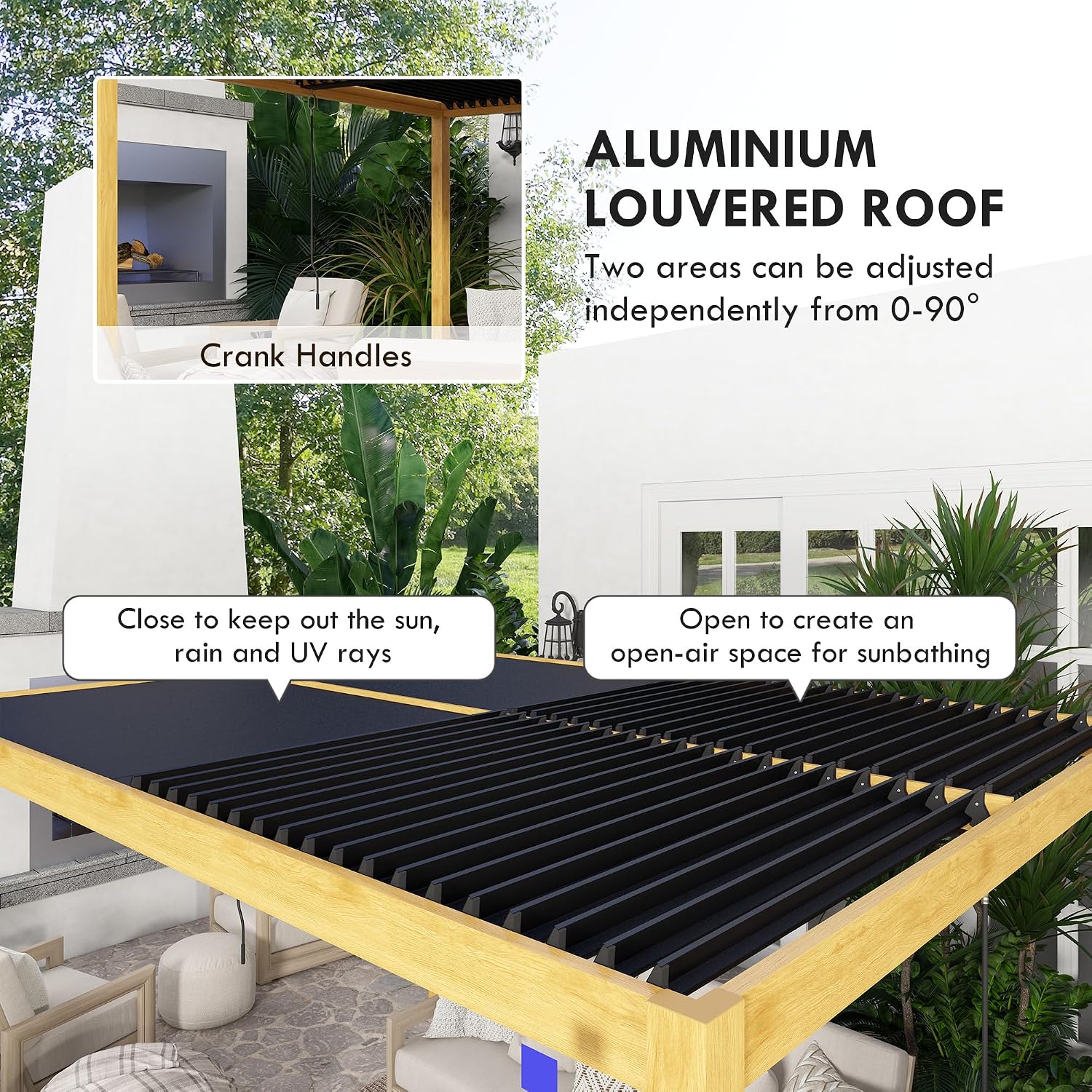 Close-up of adjustable louvered roof showing open and closed positions for shade control on aluminum pergola