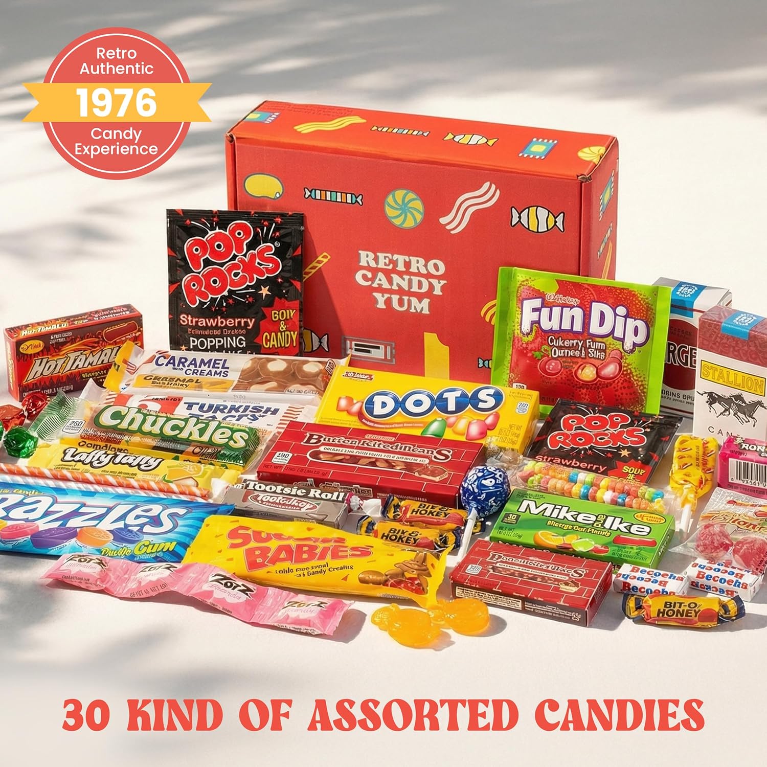 RETRO CANDY YUM Candy from 1976 - Nostalgic Candy Box for 50th Birthday - Vintage Childhood Sweets - Fun Retro Gift for Men and Women, Party Centerpiece, Shrink Wrapped Gift Box Assortment