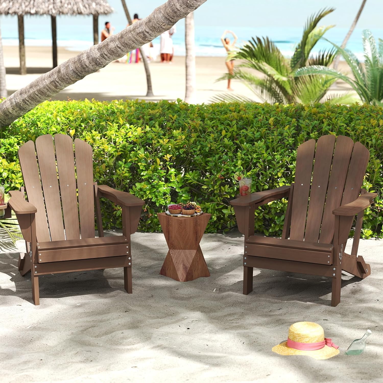 Domi Folding Adirondack Chairs Set of 2, HDPE All-Weather Outdoor Chairs with Cup Holder, Wooden Textured Fire Pit Chairs for Backyard, Patio, Poolside & Deck, Khaki