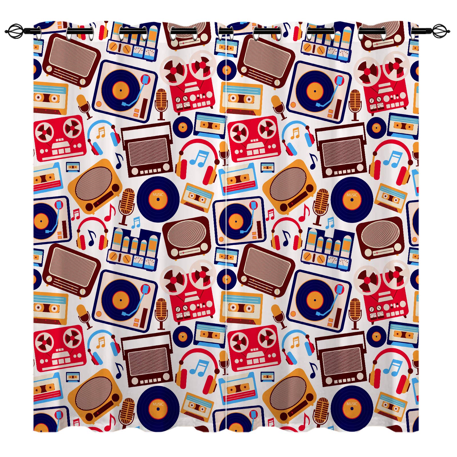 YUANZU Music Curtains - Kids Youth Teen Cartoon Headphone Microphone Music Player Print Pattern Eyelet Blackout Room Darkening Window Drapes for Bedroom Playroom 2 Panels Each Panel W75cm x D166cm