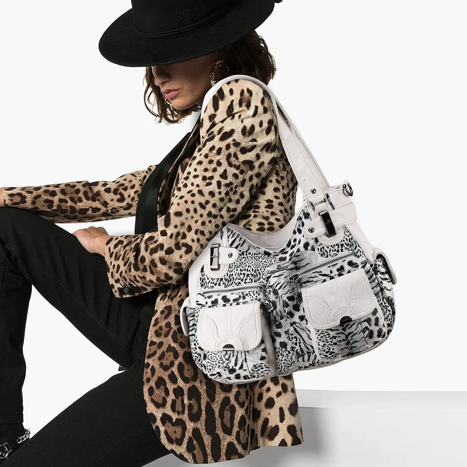 Angel Kiss Women's Designer Handbag Large Double Zipper Multi Pocket Washed Leather Purse - Image 3