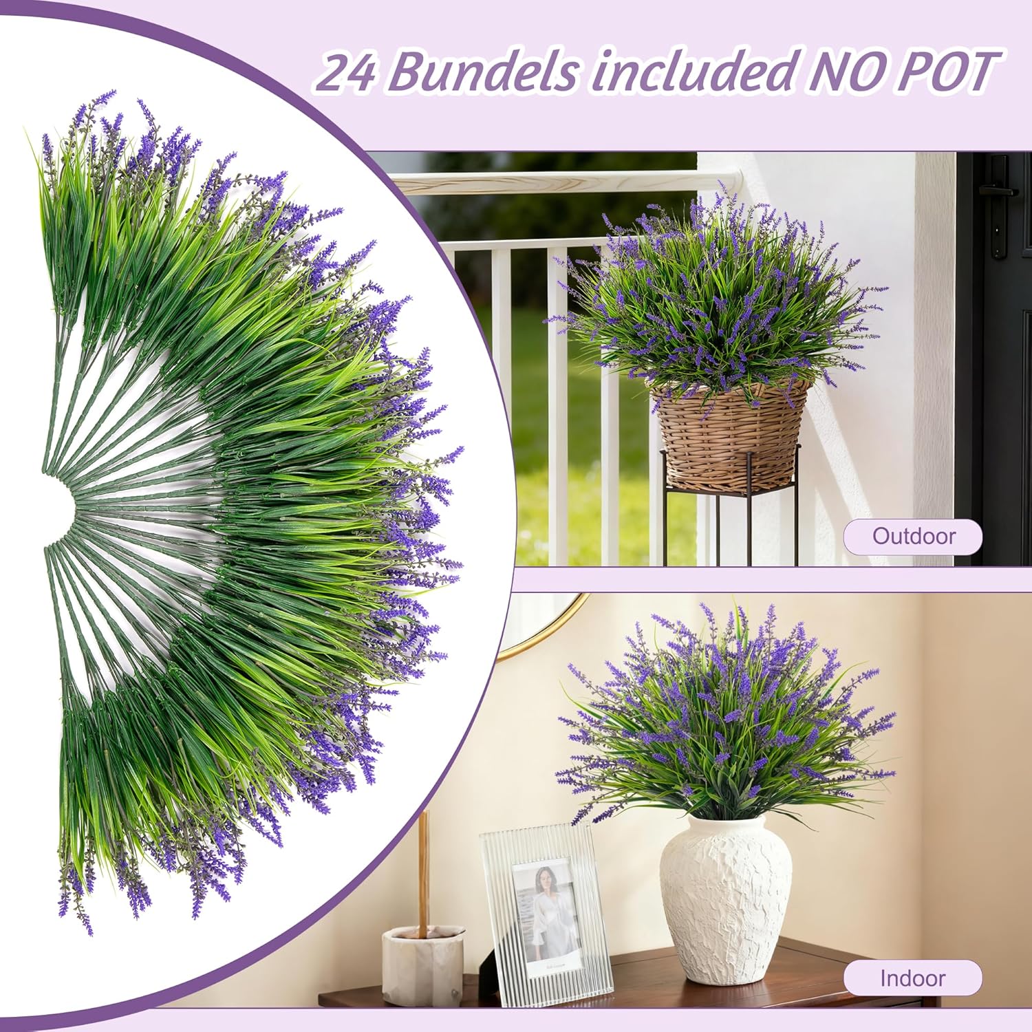 24 Pcs Artificial Faux Plants for Outdoor Spring Decoration, Fake Monkey Grass for Garden Porch Balcony Planters, Fake Greenery Shrubs UV Resistant No Fade Plants Bush for Pathway(Purple)