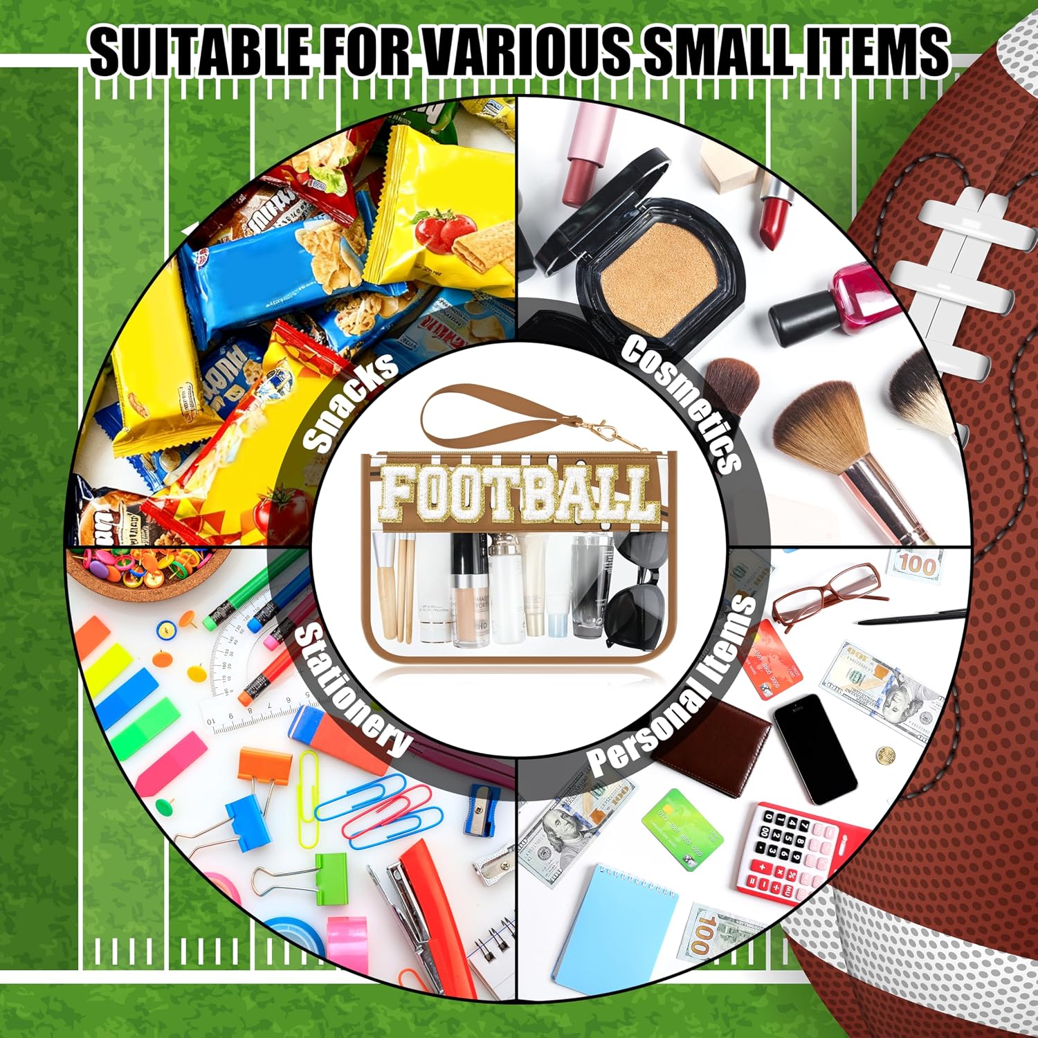  Football Gifts Makeup Bag with Chenille Letter Patch, Clear Cosmetic Pouch PVC Organizer Purse, Waterproof Travel Bag, Portable Toiletry Storage Bag for Her Friends thumbnail