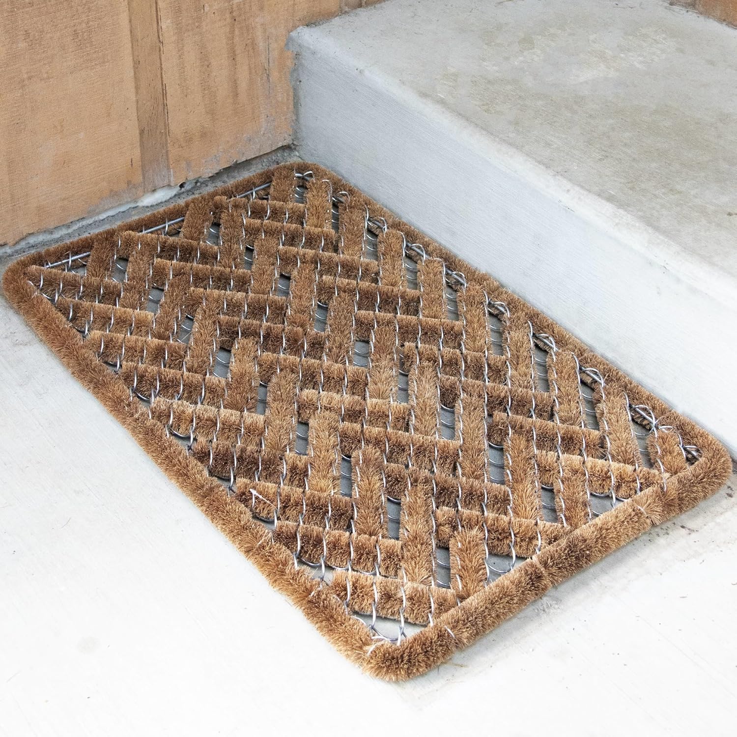 Durable Wire Weave Scraper Door Mat, Basket Weave Floor Doormat, Rectangle in Coconut Fiber, Natural Brown, 18 x 30 Inches