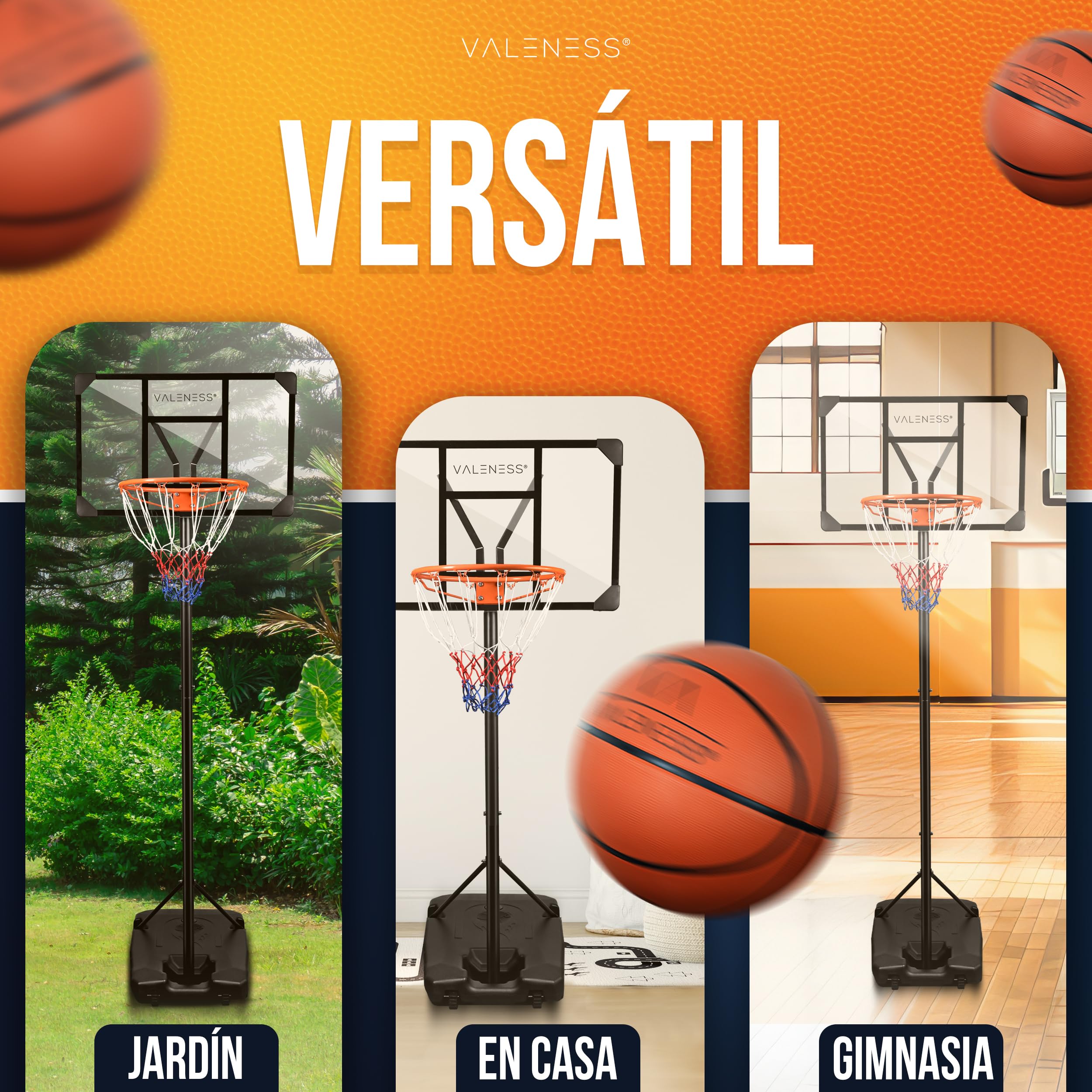 VALENESS® Aro de Baloncesto para Exterior – Soporte Ajustable en Altura [135 a 305 cm] y Resistente a la Intemperie – Aro Profesional con balón y Bomba para niños y Adultos