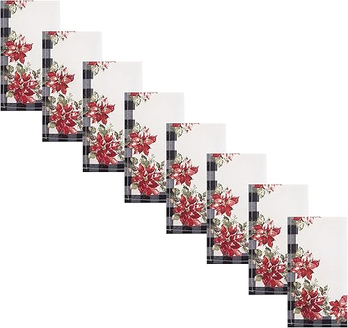 Newbridge Juego de 8 servilletas de tela de Navidad con borde de guinga de flor de pascua, estampado de flor de pascua roja y acebo, fácil cuidado,