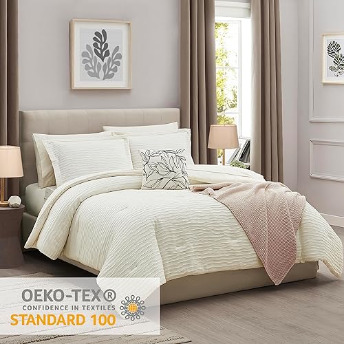 Miniatura 6 de MaiRêve Juego de edredón blanco King, edredón de diseño texturizado, color crema, juegos de ropa de cama King de 8 piezas con edredón, sábanas,