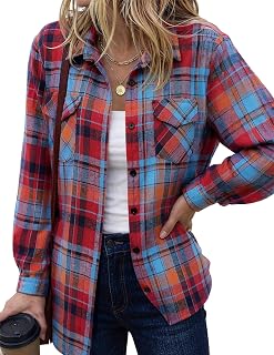Zeagoo Womens Plaid Shirt Flannel Shirt Roll up Sleeve Top Casual Button Down Blouse
