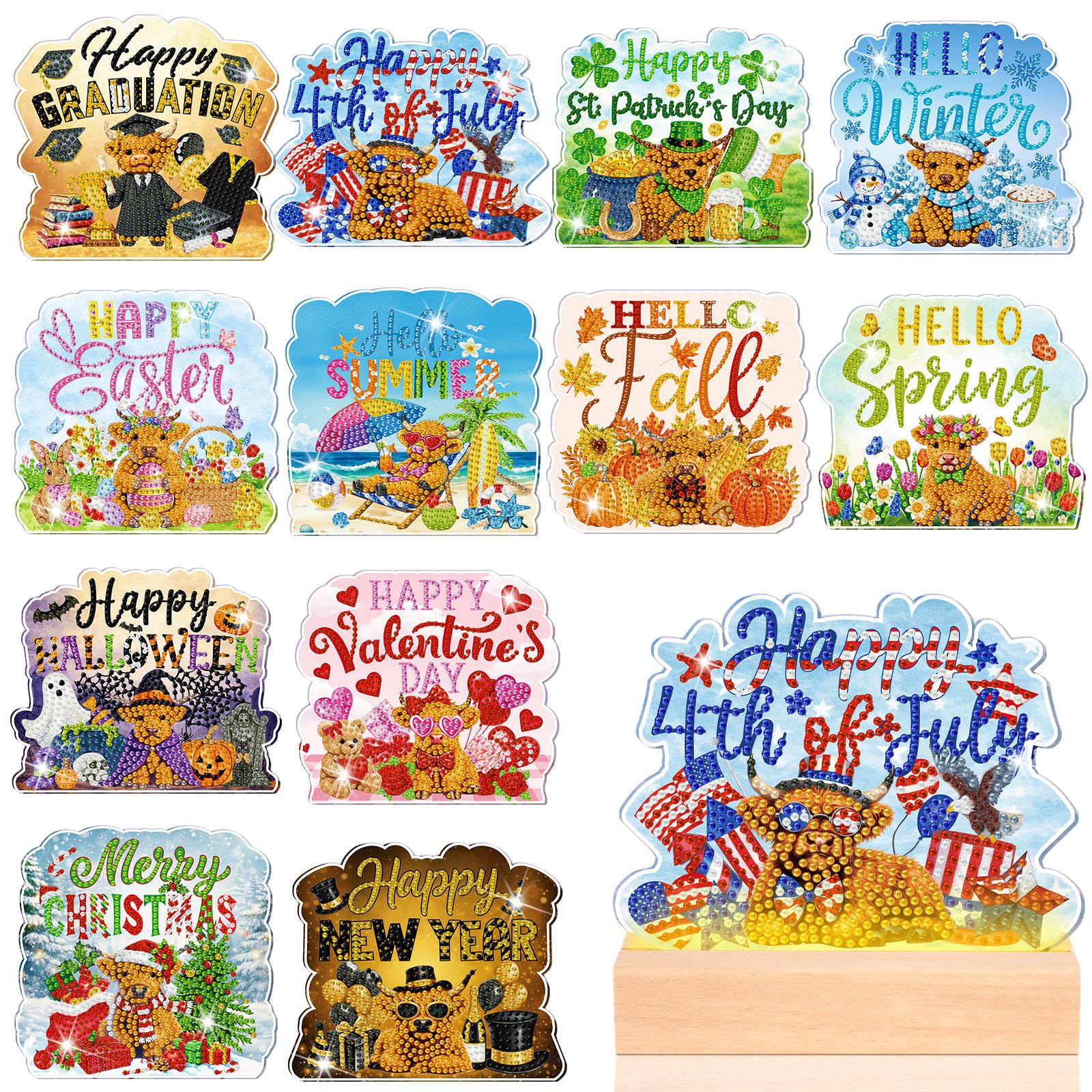 Photo 1 of Chunful 13 Pcs Highland Cow Interchangeable Seasonal Diamond Art Tabletop Holiday Diamond Art Painting Kit with Wooden Light Base for Table Tiered Tray Home Office Tabletop Centerpiece Decor