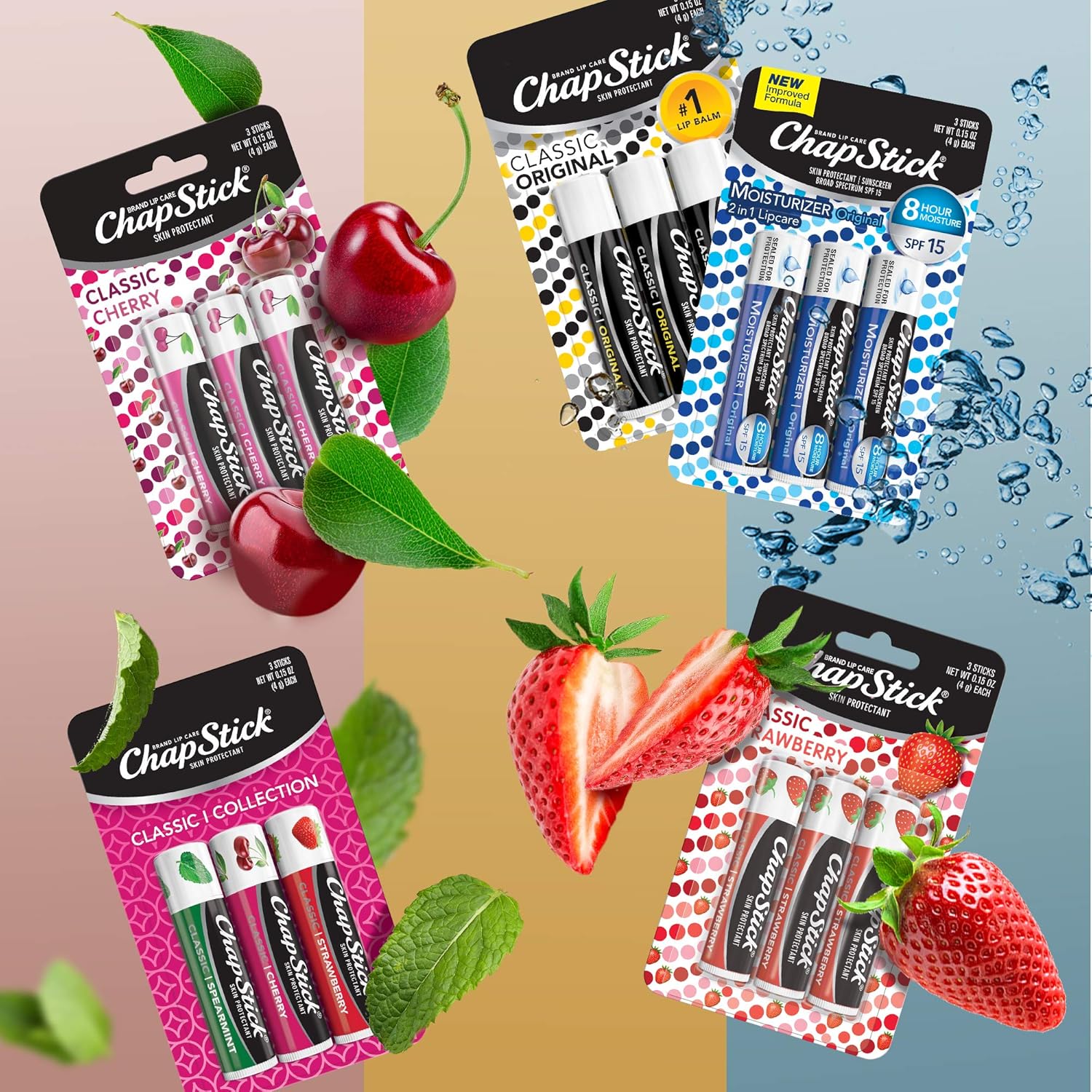 ChapStick Classic Collection Flavored Lip Balm Tubes Pack, Lip Moisturizer - 0.15 Oz (Box of 5 Packs of 3) : Beauty & Personal Care
