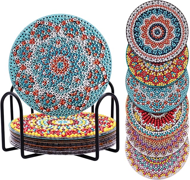 6 Pcs Diamond Painting Coasters with Holder for Drinks, Non Slip Coasters with Cork Backing Absorbent Coaster for Coffee Mug Wine Glass,Bottle Home and Bar, Suitable for Kinds of Cups, Coasters
