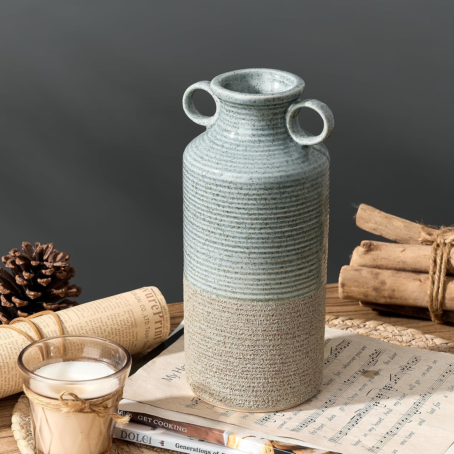 Blue and Brown Ceramic Rustic Vase with 2 Round Handles, Modern Farmhouse Flower Vase, Vintage Terracotta Vases for Home Decor, Wedding, Living Room, Table, Shelf Decor - 9.5 Inch Tall - Image 6