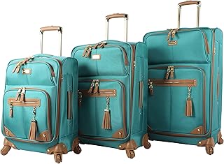 Designer Luggage Collection - 3 Piece Softside Expandable Lightweight Spinner Suitcase Set - Travel Set includes 20 Inch Carry on, 24 Inch & 28-Inch Checked Suitcases (Harlo Teal Blue)