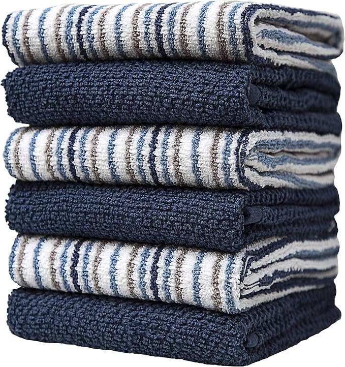 Kitchen Towels 16”x 26” - 6 Pack | Large Cotton Kitchen Hand Towels | Dish Towels | Popcorn Stripe Design | 430 GSM Highly Absorbent Tea Towels Set with Hanging Loop | Dish Towels for Kitchen | Blue