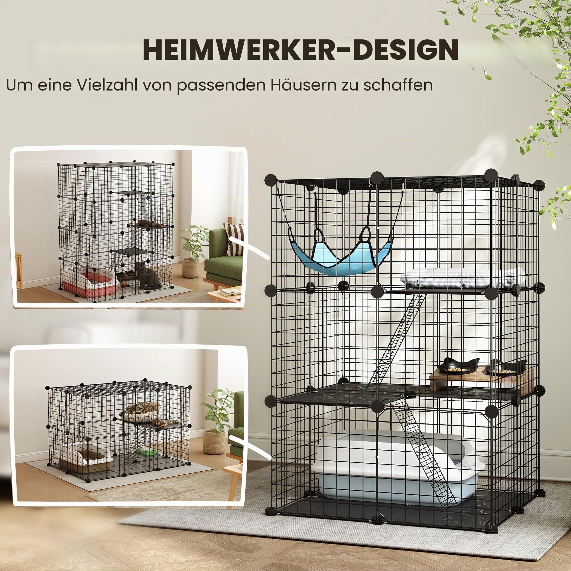 PawHut 3-stöckiger Katzenkäfig mit Hängematte, Plattform und Leitern, Haustierkäfig aus Stahl und PP, 70 x 70 x 105 cm, schwarz und blau