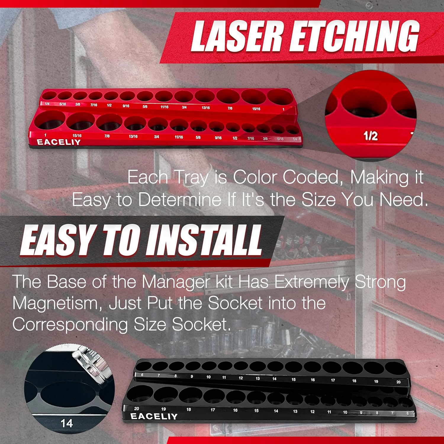 8Pcs Magnetic Socket Organizer Set, 1/2", 1/4" and 3/8" SAE & Metric Deep & Shallow Tools Tray Holder Kit, holds 199pcs Sockets (sockets not included) (8PC 1/2&3/8&1/4)