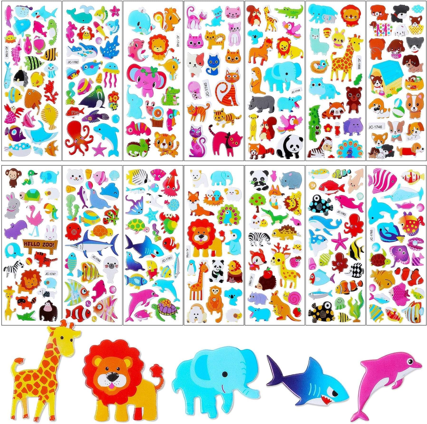 UPINS 200 Counts 3D Animal Puffy Small Stickers Sheets Bulk for Kids Toddlers, Foam Sticker Books for Kids