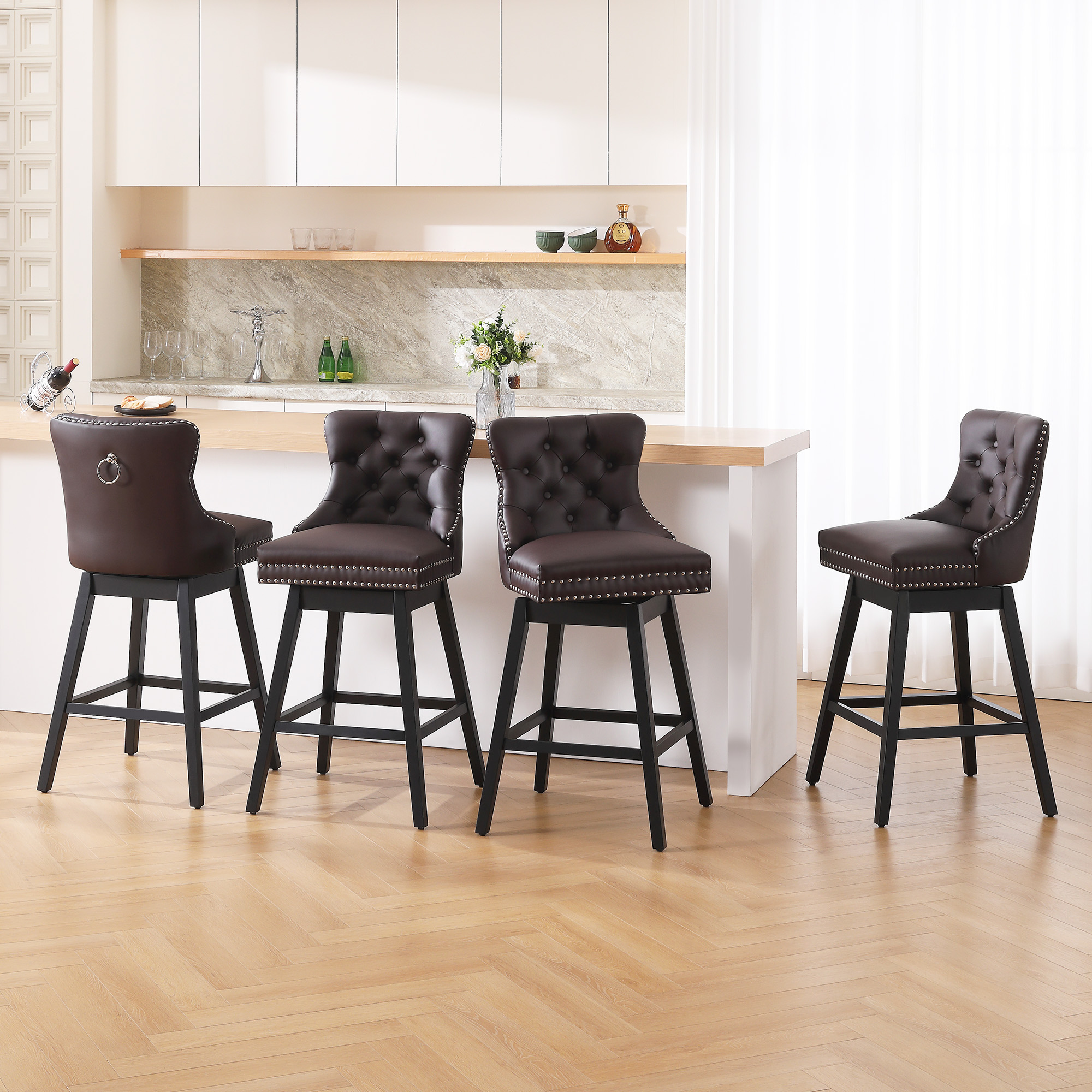Butacos giratorios negros para bar, altura 30 pulgadas, juego de 4 unidades | Butacos tapizados en cuero sintético con patas de madera sólida y respaldo miniatura 7