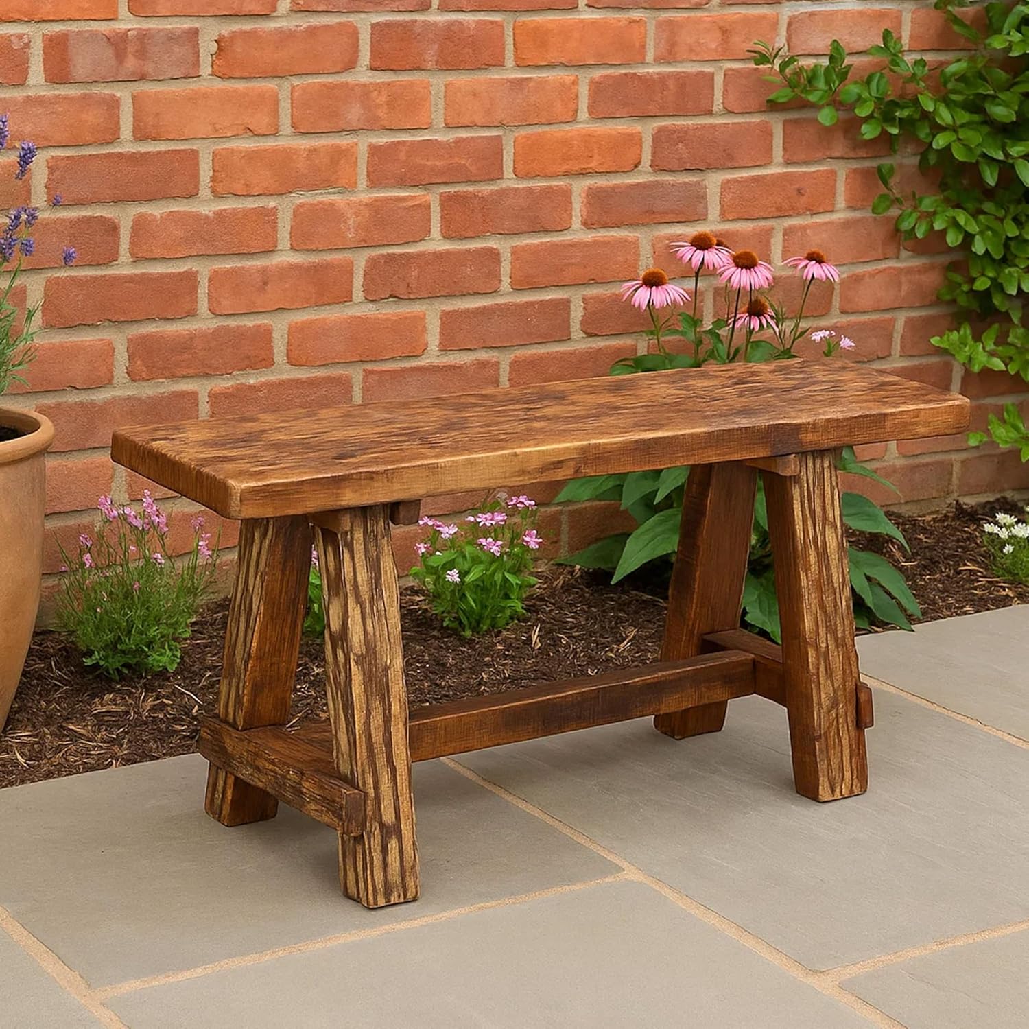 The Urban Port Wooden Garden Patio Bench with Retro Etching, Cappuccino Brown