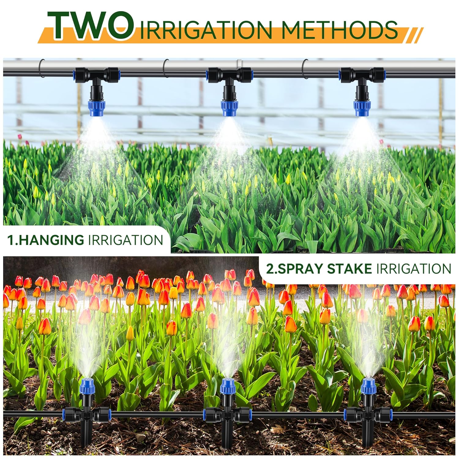 Meonum 65FT Greenhouse Watering System, Quick Connector Hanging Plant Watering System Automatic Mist Irrigation Kit with 1/4'' Blank Tubing, Two way Faucet Connector, Adjustable Misting Nozzle(2 Pack)