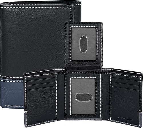 Billetera triple de cuero real para hombre, billetera RFID delgada, 9 tarjetas de crédito, 2 compartimentos de identificación, regalo para hombres