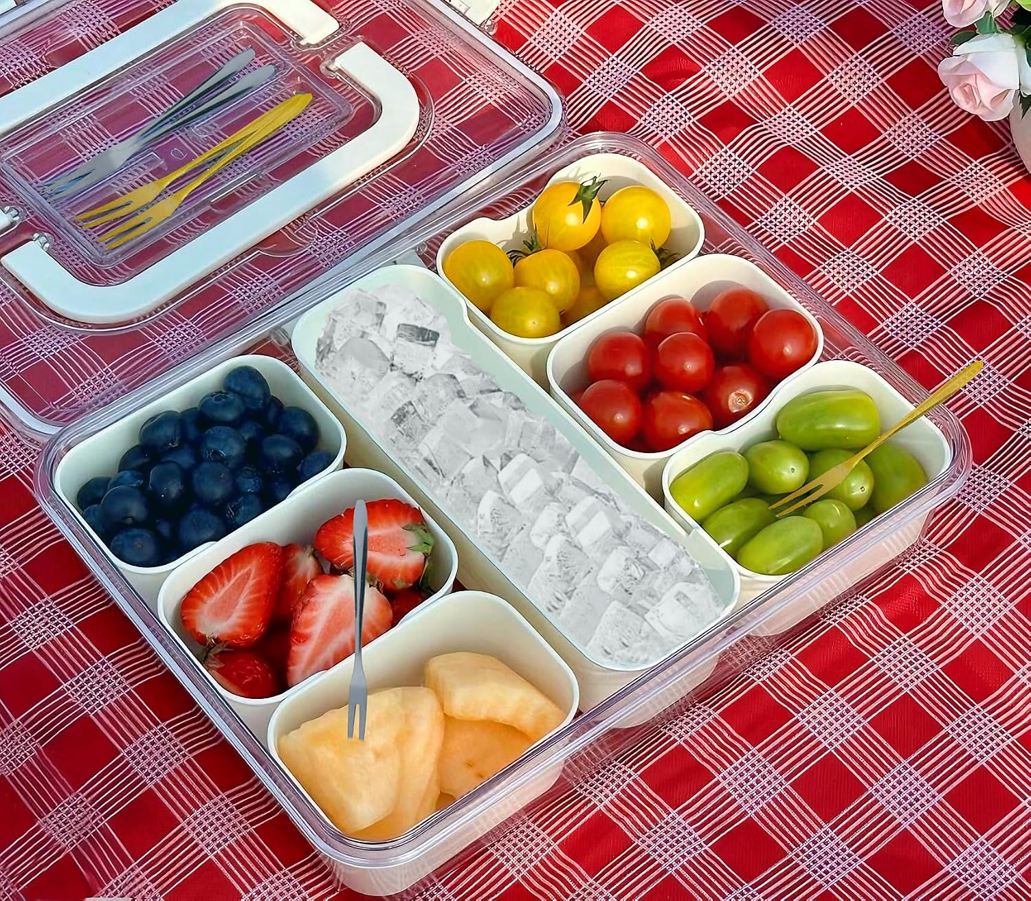 Divided Serving Tray with Lid & Handle&6 Forks,7-Compartments Snack Platter