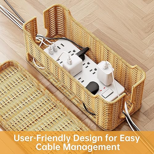 Miniatura 2 de NiHome Paquete de 3 cajas de gestión de cables de ratán para mantener los cables organizados en el hogar y la oficina, caja organizadora de cables
