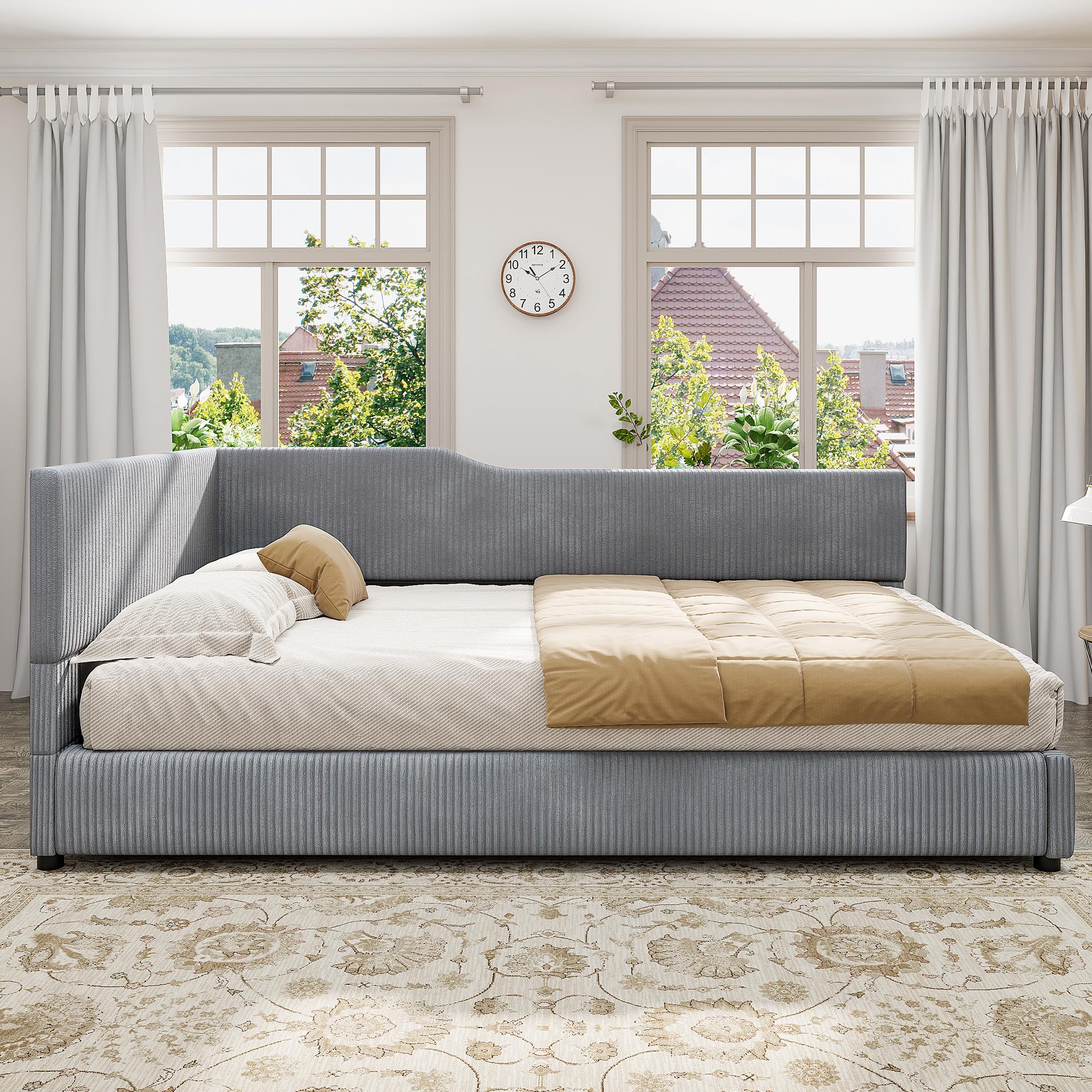 Condition photo showing New/Like New for softsea full size upholstered corner bed, modern daybed with l-shaped backrest, corduroy fabric corner bed frame for bedroom, living room, guest room, gray
