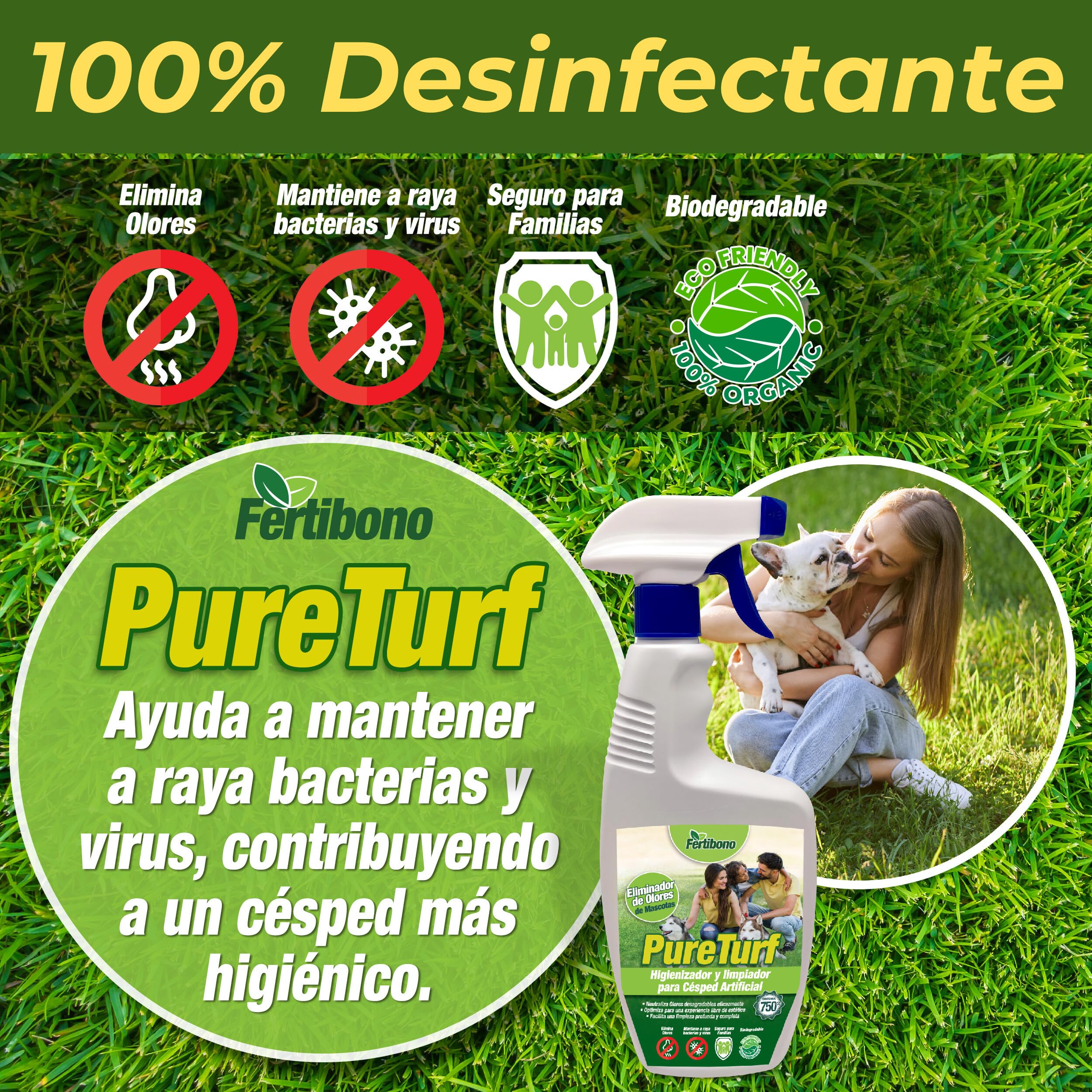 Fertibono PureTurf, Limpiador e Higienizador de Césped Artificial - (750 ml) - Eliminador de Olores de Mascotas, Seguro para Familias