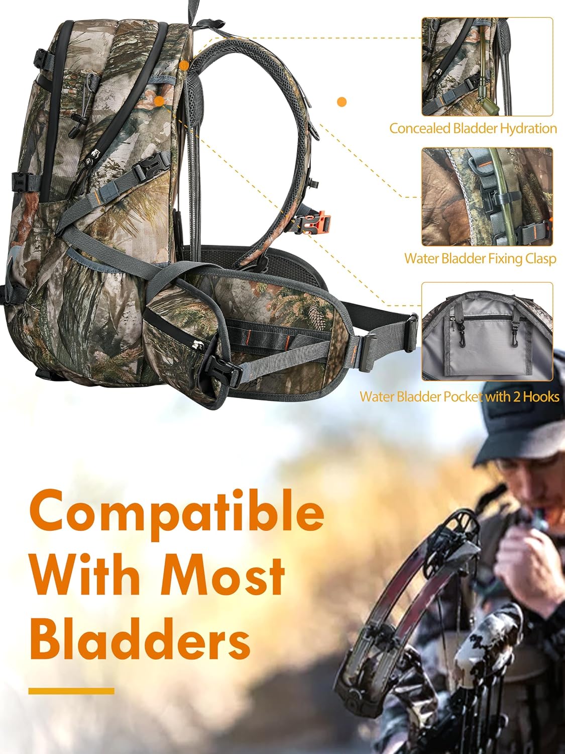 NEW VIEW Hunting Backpacks for Men 35L, Camo Backpack for Hunting with Rifle Bow Gun Holder, Waterproof Hunting Pack with Rain Rover