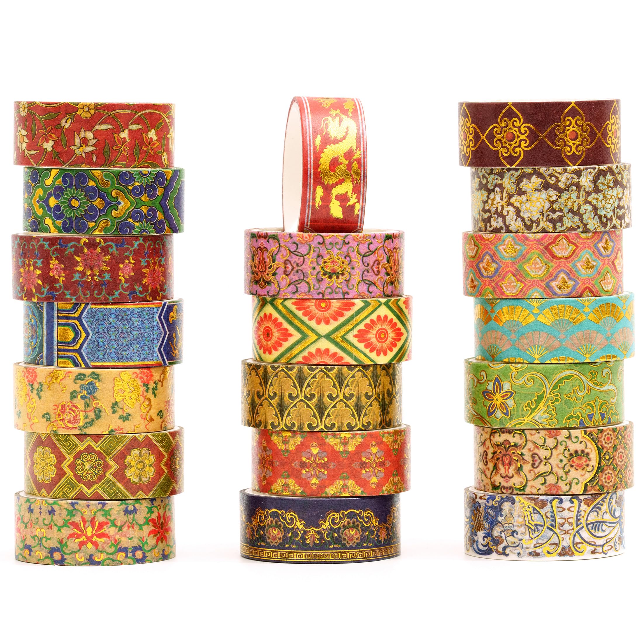 Songdao 20 Rolls Chinese Style Washi Tape Set, Ancient Palace Pattern Decorative Masking Tapes with Gold Foil, Oriental for Craft, Scrapbook, DIY, Gift Wrapping (23-Dancing Phoenix Grace)