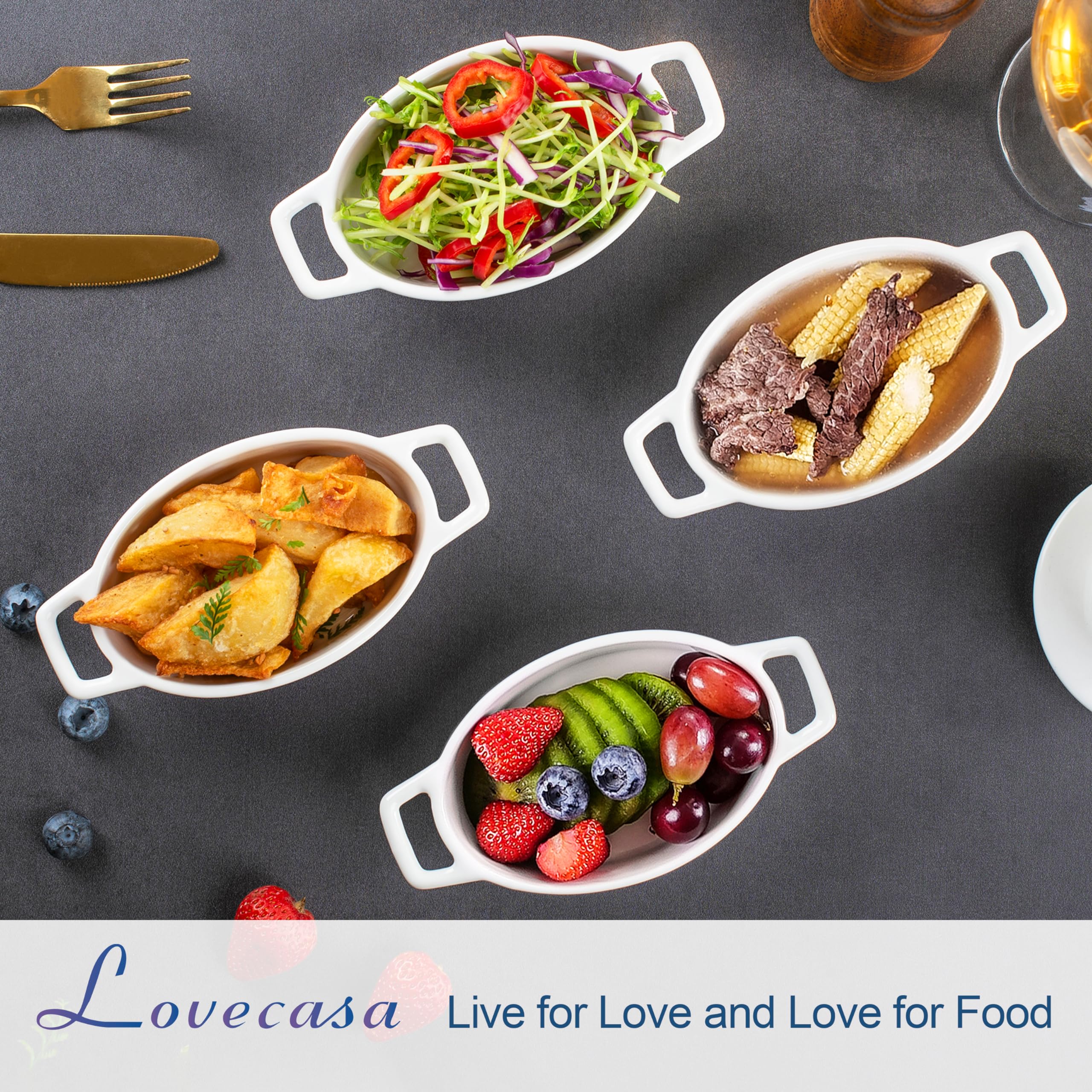 LOVECASA, Ramequin Dish - Stampo per soffio, set di pasticceria in porcellana, 4 pezzi, per bruciata, quiché, torta, pasta-16 cm, ovale