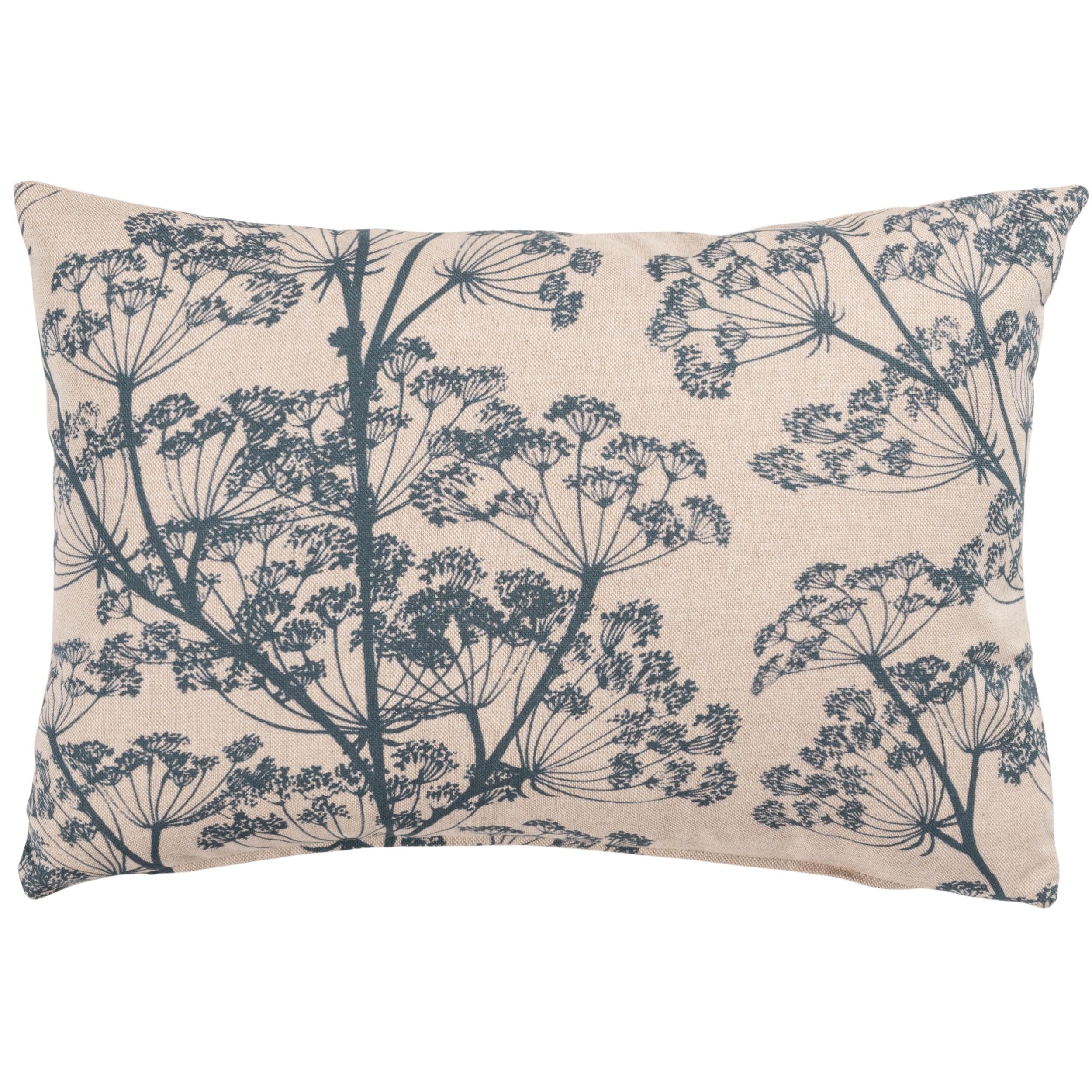 Linen Loft Blue Cow Parsley Boudoir Cushion Cover In Denim And Natural Beige. Cottagecore Botanical Leaves & Flowers Design. 17X12 Cushion Cover Only