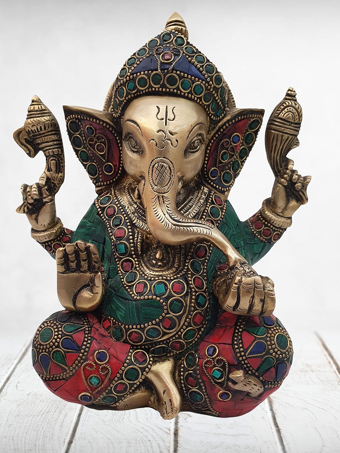 MohanJodero Elegant Brass Lord Ganesha Idol/Brass Lord Ganesha Statue in Modern Art with Antique Stonework Finish