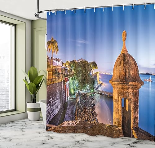Miniatura 4 de Lunarable Cortina de ducha de Puerto Rico, Coast at Paseo de la Princesa estilo retro con elementos arquitectónicos, juego de decoración de baño de