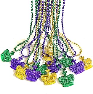 YSPPF Mardi Gras Crown Bead Necklace Bulk Mardi Gras Gold Purple Green Party Supplies(18 Pcs)