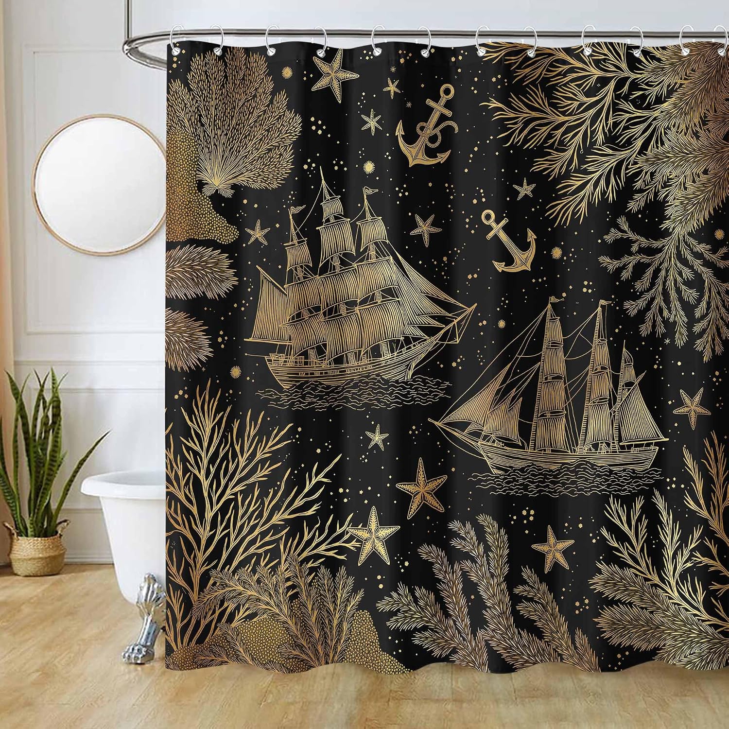 Nautical Sea Shower Curtain Set, Water-Repellent Bathroom Decor with Plastic Hooks, Gold Ocean Tale Home Decor 72x72 Inch.