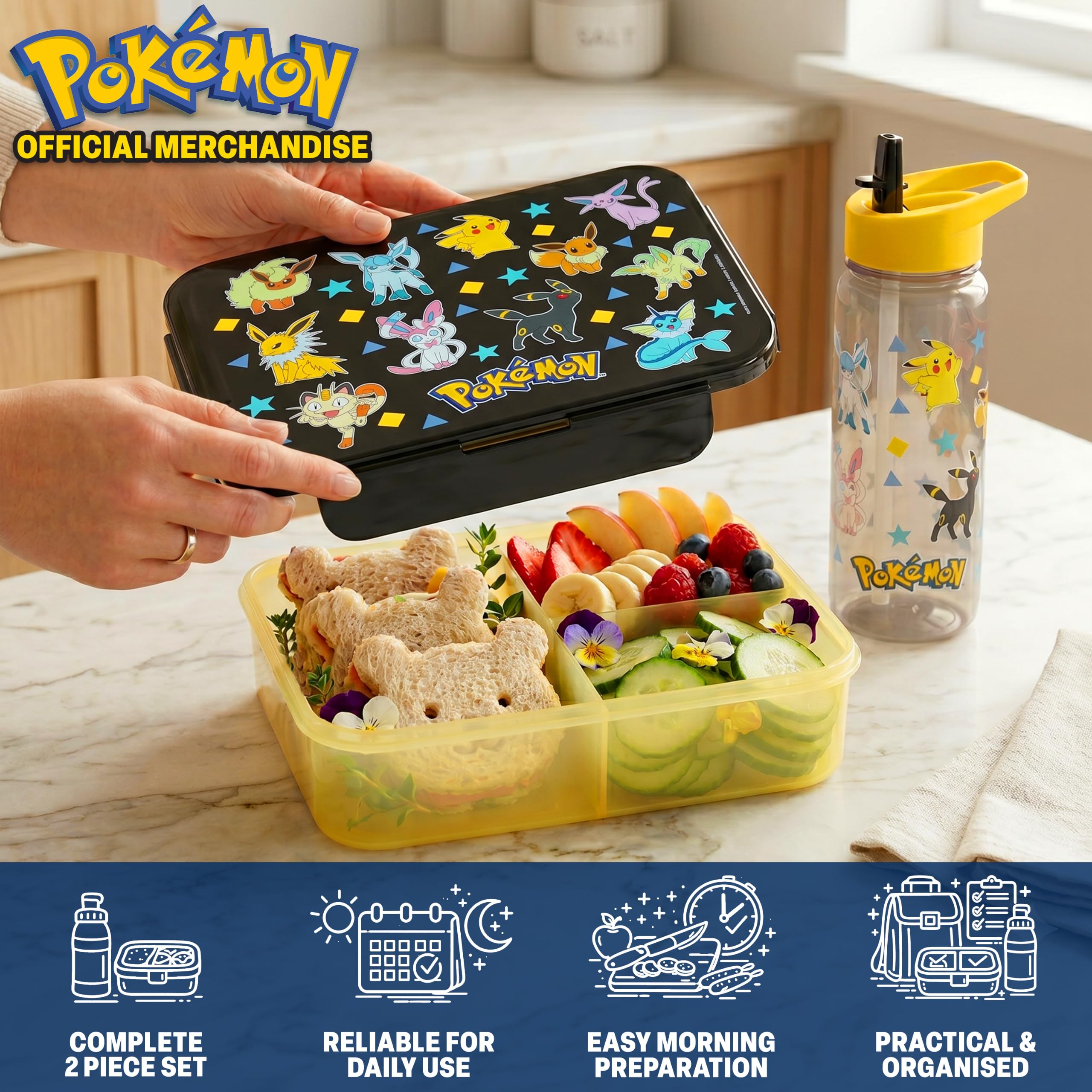 Get Trend Pokemon Fiambrera Niños con Botella 640 ml Set, Bento Box 1,75 L con Compartimentos, Apta para Lavavajillas y Microondas, Libre de BPA, Lunch Box Escolar Colegio y Ocio (Multi Pokemon)