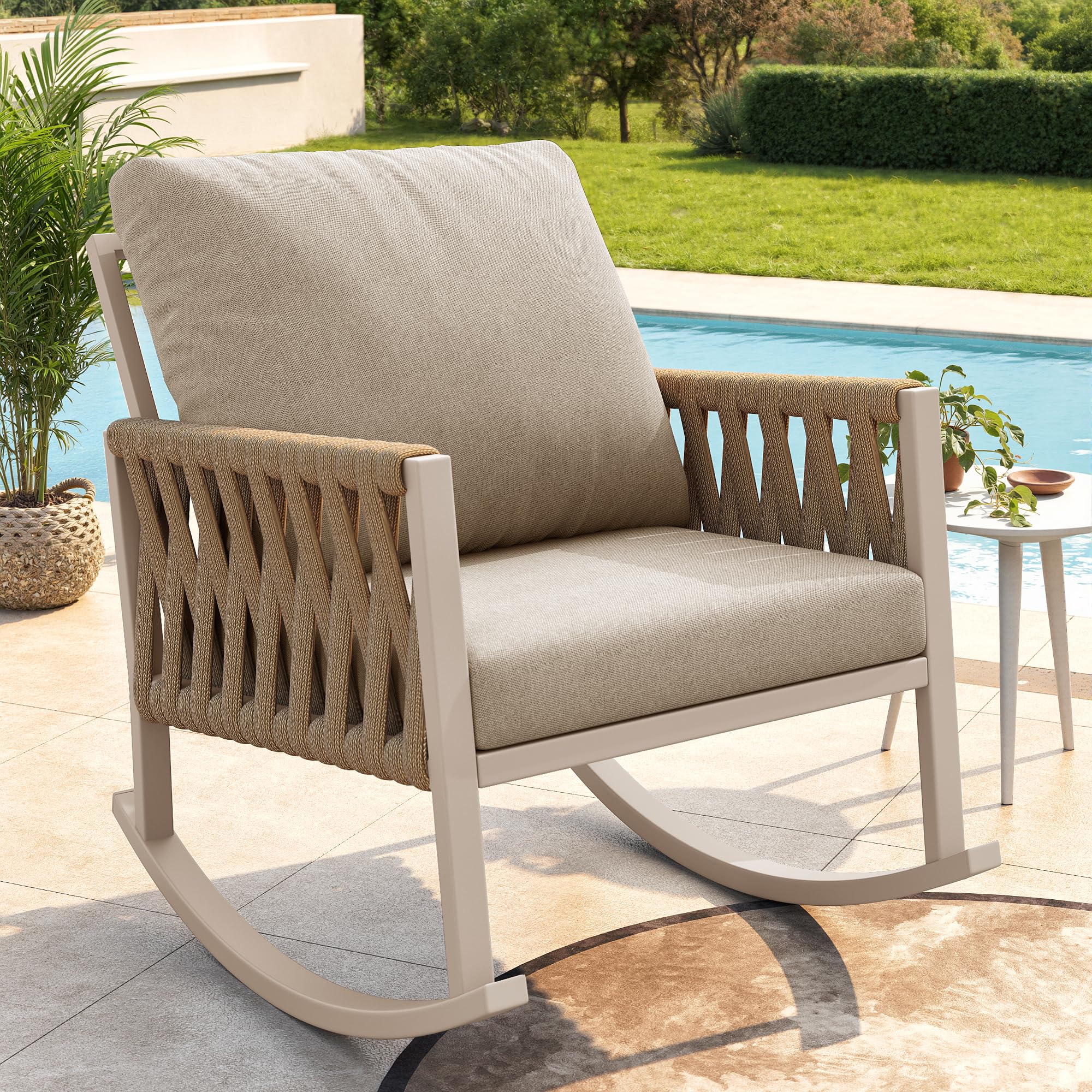 Idemon Mecedora para exteriores (1 juego) con técnica de tejido de cuerda cruzada, marco de metal resistente a la intemperie, cojines cómodos, máx. 120 kg, para jardín y terraza (beige)